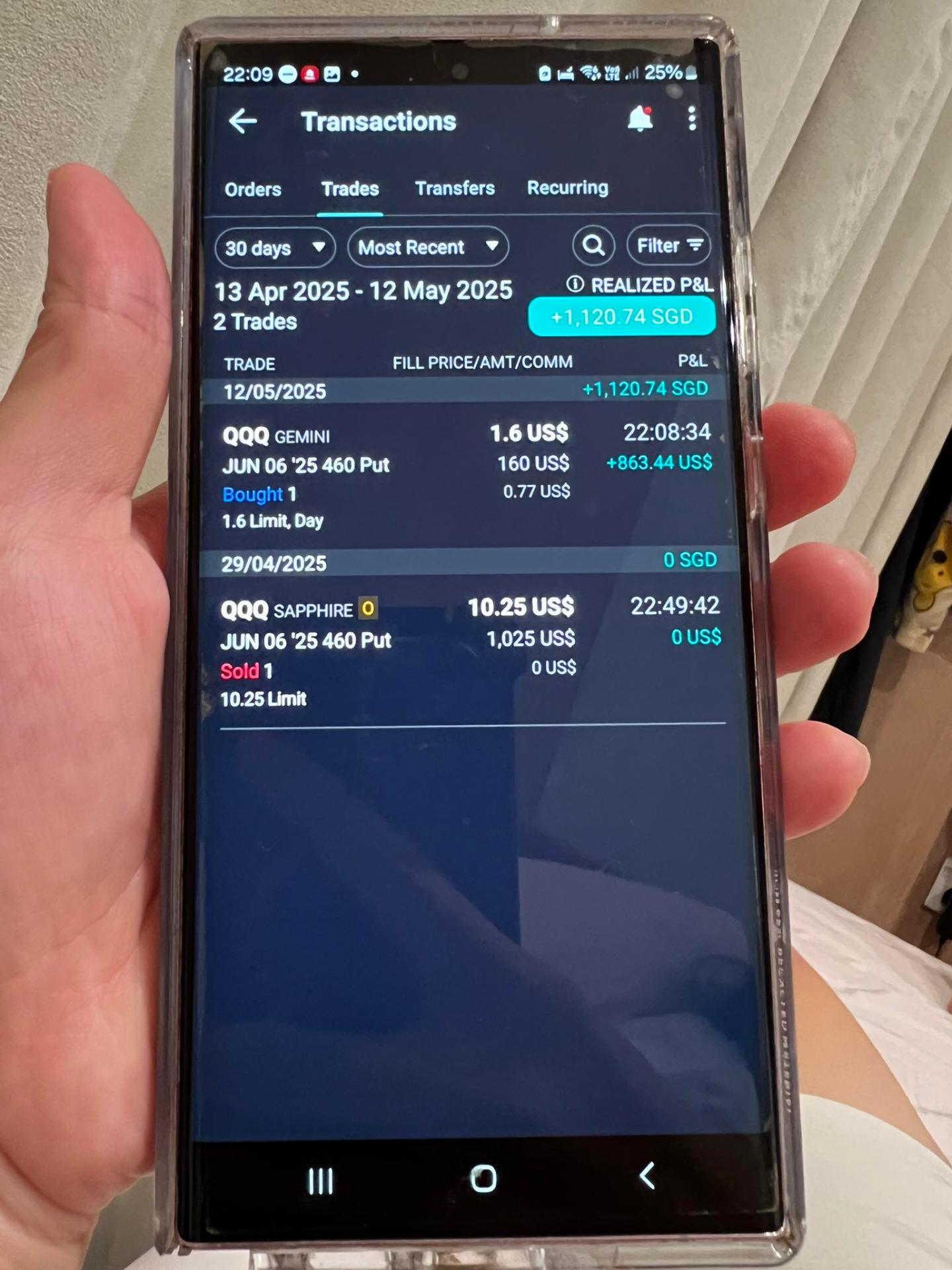 QQQ put trade screenshot showing the actual trades - selling at $10.25 and buying back at $1.60 for $1,120 profit